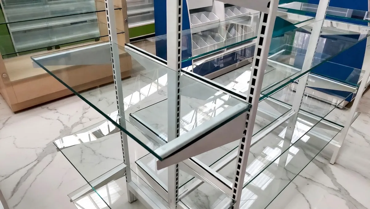 Gondola Ligera Para Farmacias Entrepanos De Vidrio 6
